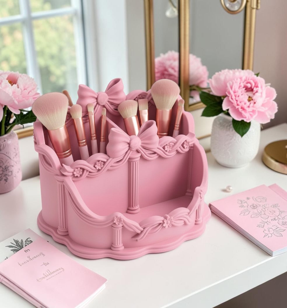 Pink Bow Desk Organizer, Coquette Vanity Organizer, Makeup Brush Holder, Rococo Desk Accessories, Feminine Office Decor, Cute Pen Holder, Pink Makeup Storage