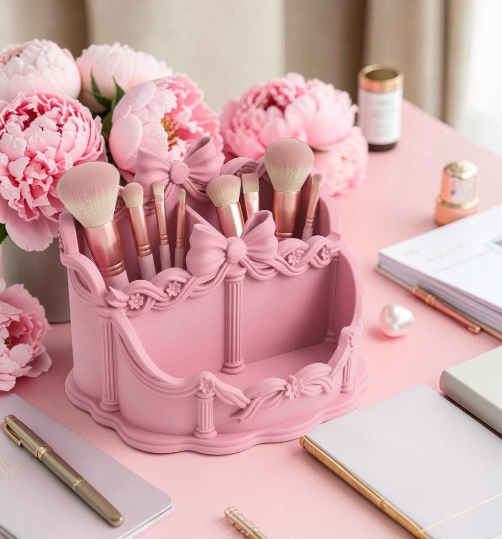 Pink Bow Desk Organizer, Coquette Vanity Organizer, Makeup Brush Holder, Rococo Desk Accessories, Feminine Office Decor, Cute Pen Holder, Pink Makeup Storage