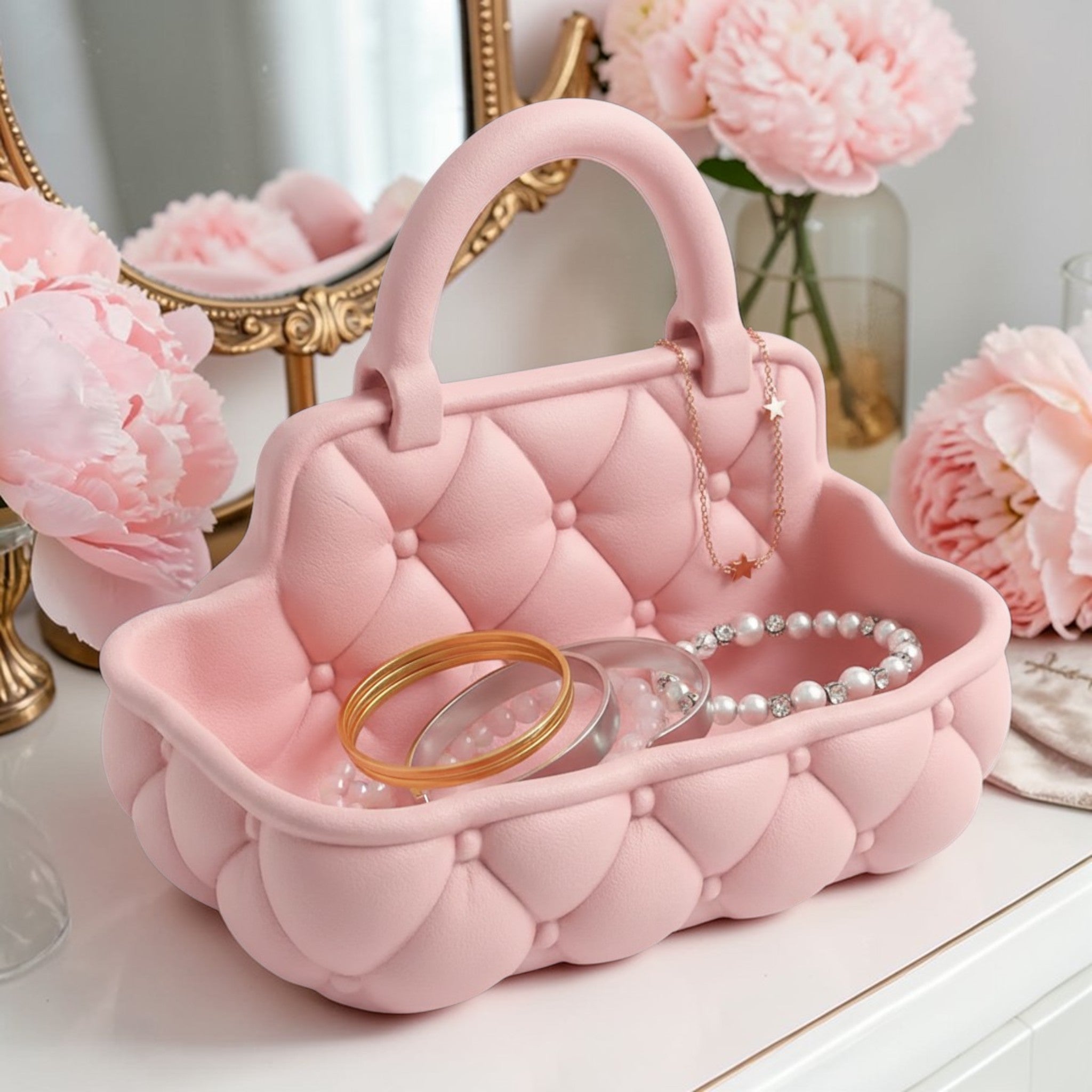 Quilted catchall basket with tufted detailing on vanity countertop, plush makeup and skincare organizer
Soft padded vanity basket with handle holding makeup brushes and skincare bottles
Decorative quilted organizer basket for bathroom or dresser storage
Aesthetic vanity catchall basket used for jewelry, makeup, and daily essentials