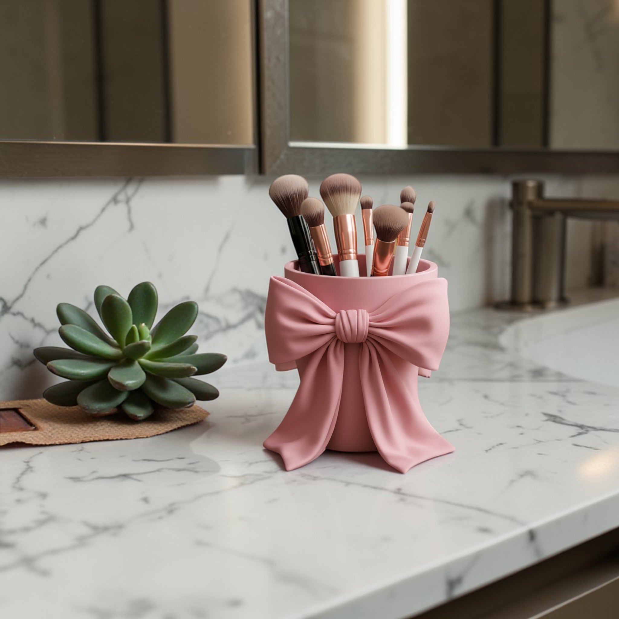 May include: A pink makeup brush holder with a bow design, holding several makeup brushes. Other pink makeup accessories are visible in the background, including a mirror and compacts. The scene is set on a white surface.