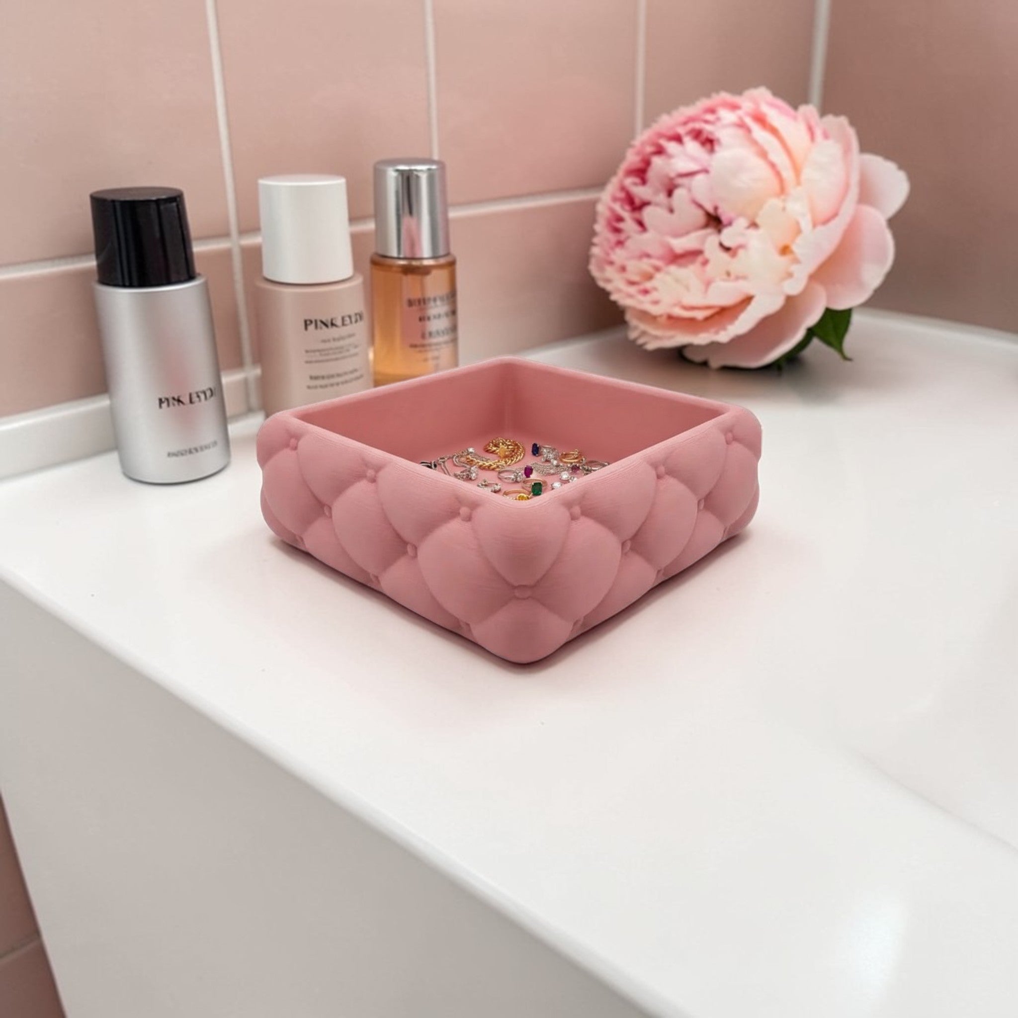 quilted makeup organizer tray on vanity table
tufted vanity tray cosmetic organizer
makeup organizer tray for vanity storage