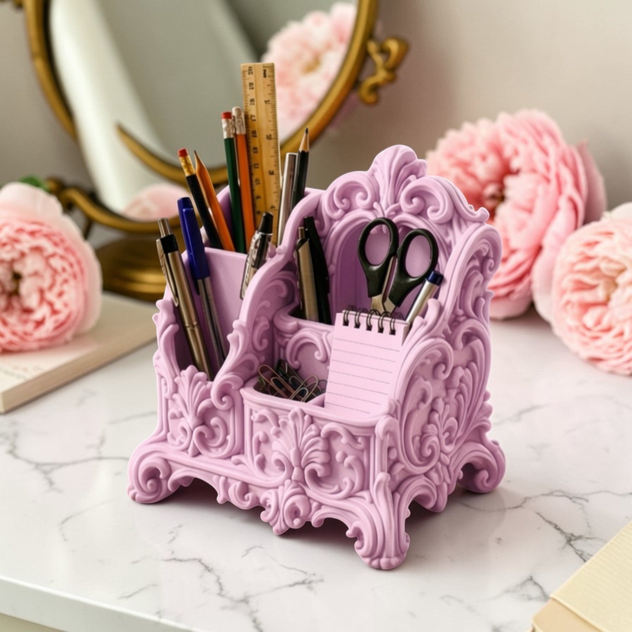 Designed with a soft coquette and rococo-inspired style, this piece is not just storage — it’s a statement. Whether you’re organising your workspace or your makeup brushes, it brings calm, order, and a touch of luxury to your everyday routine.