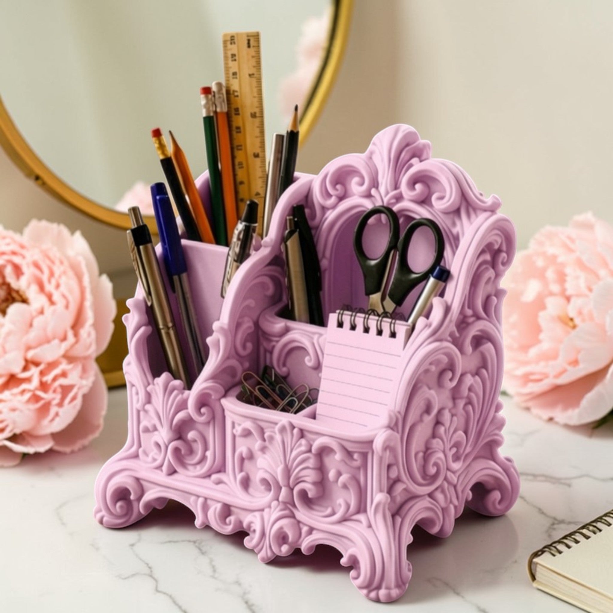 Designed with a soft coquette and rococo-inspired style, this piece is not just storage — it’s a statement. Whether you’re organising your workspace or your makeup brushes, it brings calm, order, and a touch of luxury to your everyday routine.