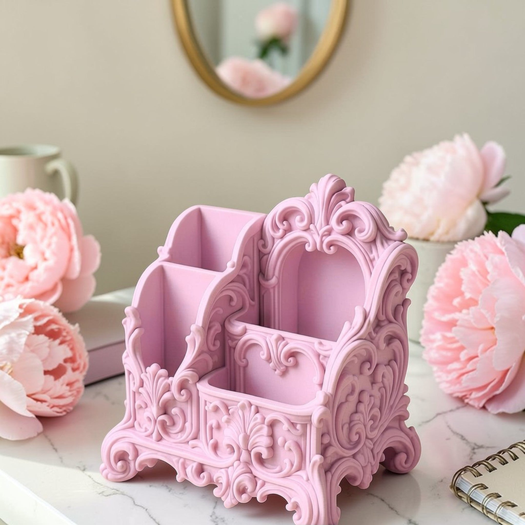Designed with a soft coquette and rococo-inspired style, this piece is not just storage — it’s a statement. Whether you’re organising your workspace or your makeup brushes, it brings calm, order, and a touch of luxury to your everyday routine.