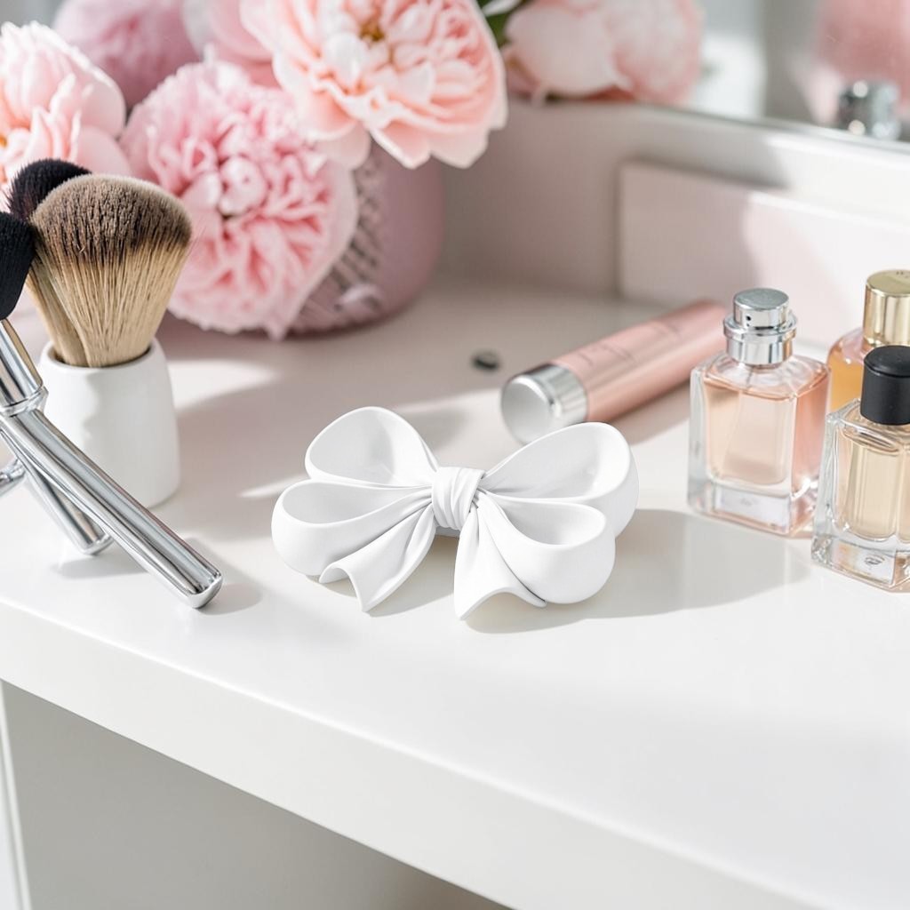 pink bow tray coquette decor vanity organiser
feminine jewelry dish bow shape pink tray
cute pink tray for rings and earrings storage
girly vanity setup with bow tray organizer