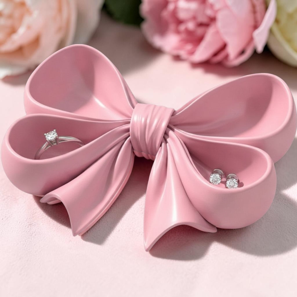 pink bow tray coquette decor vanity organiser
feminine jewelry dish bow shape pink tray
cute pink tray for rings and earrings storage
girly vanity setup with bow tray organizer