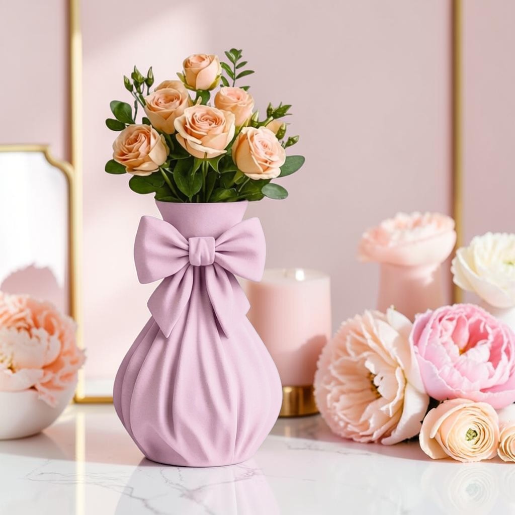 Pink bow vase with flowers on a feminine vanity setup with pink accents
Cute girly pink vase with bow design displayed with roses
Coquette aesthetic pink flower vase for desk or room decor
Feminine home decor pink vase styled on a vanity table
Pink decorative vase with bow detail for flowers and gifts