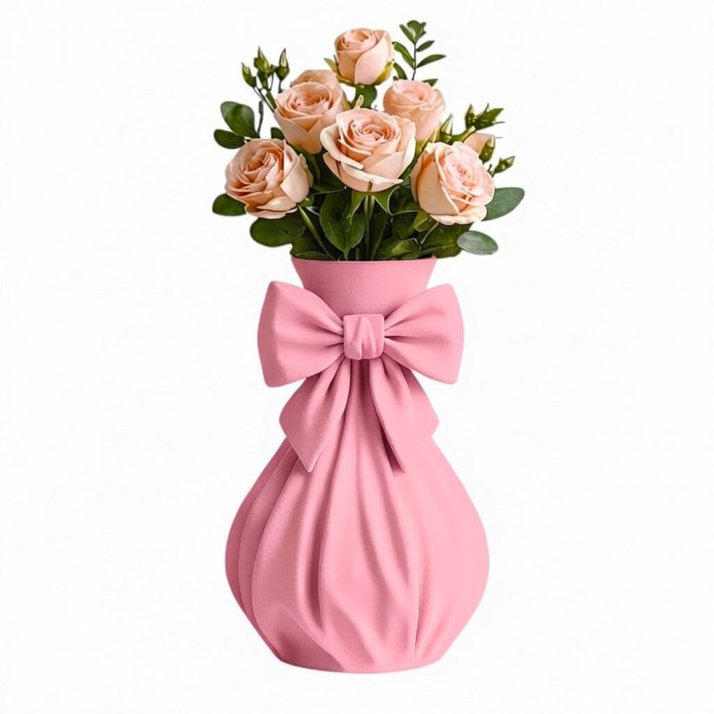Pink bow vase with flowers on a feminine vanity setup with pink accents
Cute girly pink vase with bow design displayed with roses
Coquette aesthetic pink flower vase for desk or room decor
Feminine home decor pink vase styled on a vanity table
Pink decorative vase with bow detail for flowers and gifts