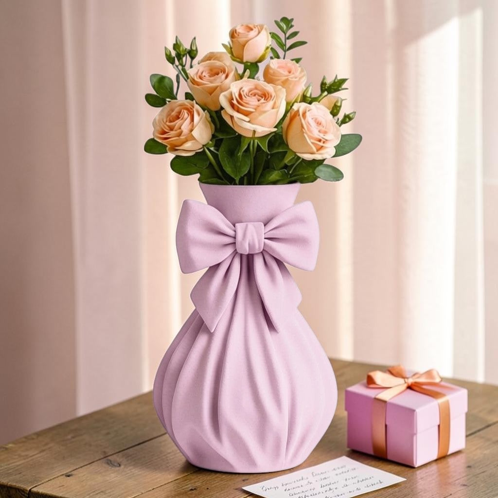 Pink bow vase with flowers on a feminine vanity setup with pink accents
Cute girly pink vase with bow design displayed with roses
Coquette aesthetic pink flower vase for desk or room decor
Feminine home decor pink vase styled on a vanity table
Pink decorative vase with bow detail for flowers and gifts