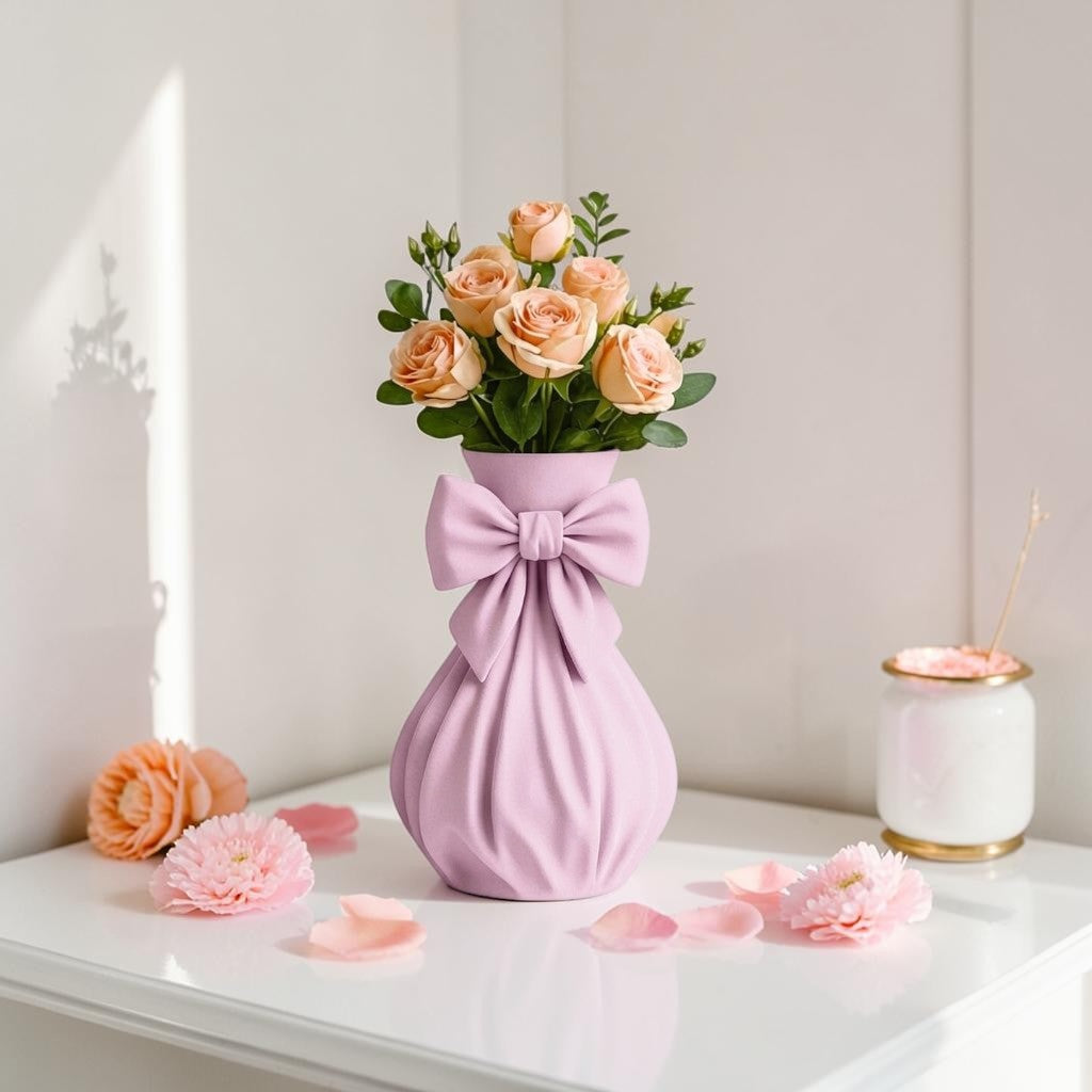 Pink bow vase with flowers on a feminine vanity setup with pink accents
Cute girly pink vase with bow design displayed with roses
Coquette aesthetic pink flower vase for desk or room decor
Feminine home decor pink vase styled on a vanity table
Pink decorative vase with bow detail for flowers and gifts
