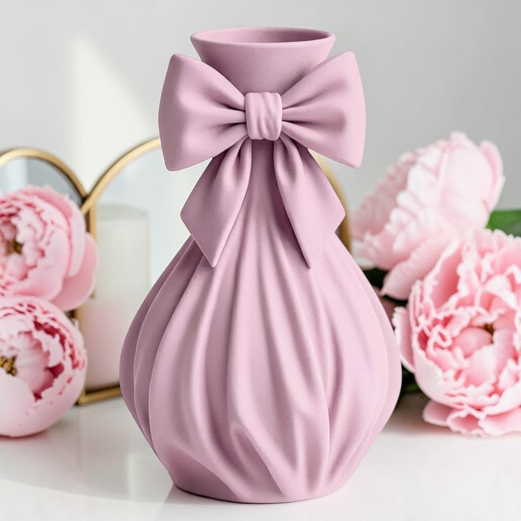Pink bow vase with flowers on a feminine vanity setup with pink accents
Cute girly pink vase with bow design displayed with roses
Coquette aesthetic pink flower vase for desk or room decor
Feminine home decor pink vase styled on a vanity table
Pink decorative vase with bow detail for flowers and gifts