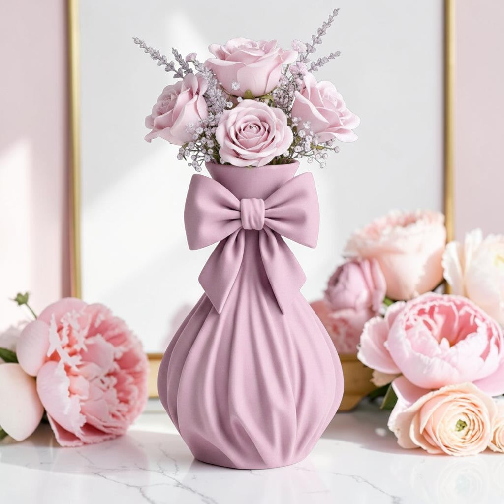 Pink bow vase with flowers on a feminine vanity setup with pink accents
Cute girly pink vase with bow design displayed with roses
Coquette aesthetic pink flower vase for desk or room decor
Feminine home decor pink vase styled on a vanity table
Pink decorative vase with bow detail for flowers and gifts