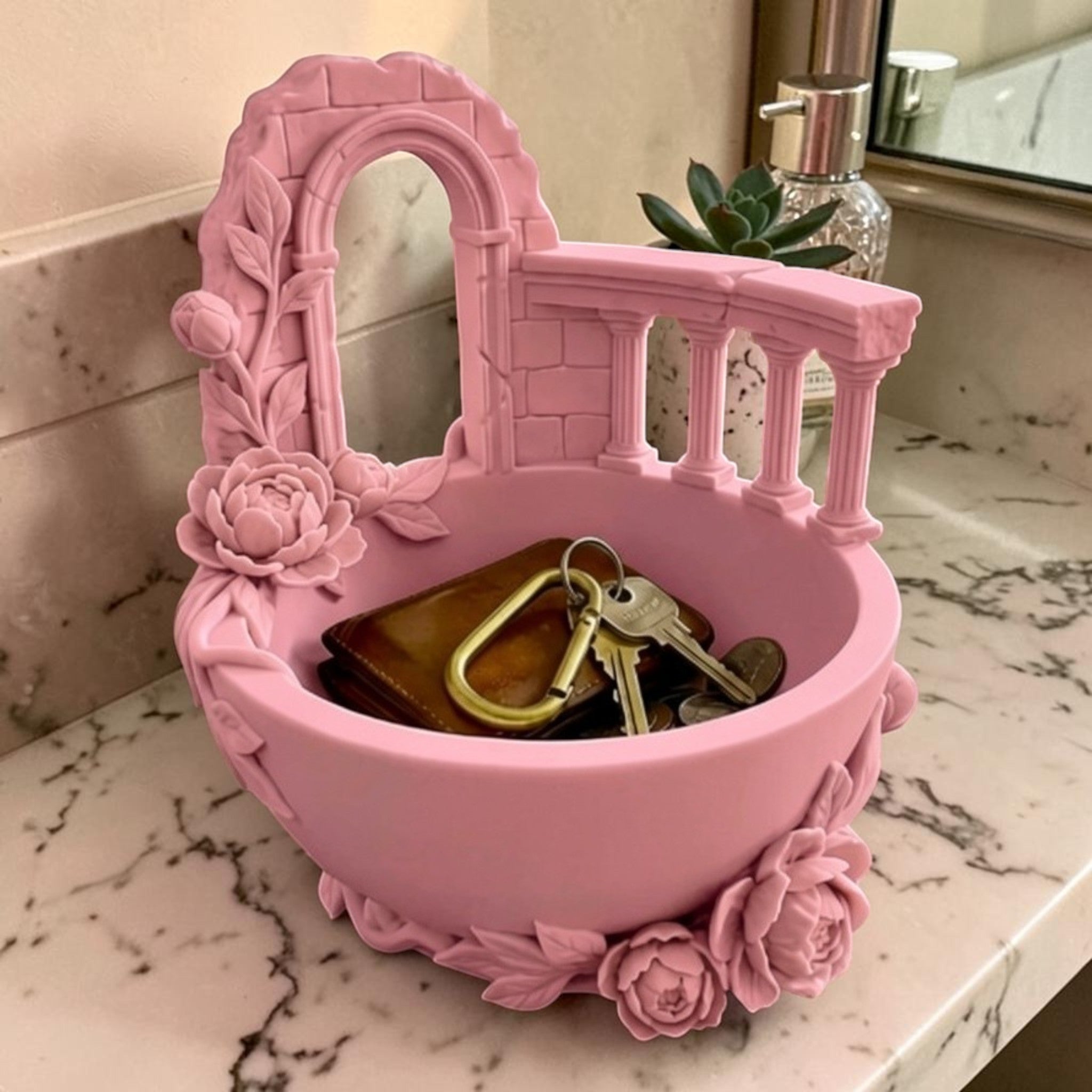 Pink Floral Balcony Tray Planter, Romantic Vanity Organizer, Cottagecore Jewelry Bowl, Decorative Desk Tray, Fairy Garden Planter Pot