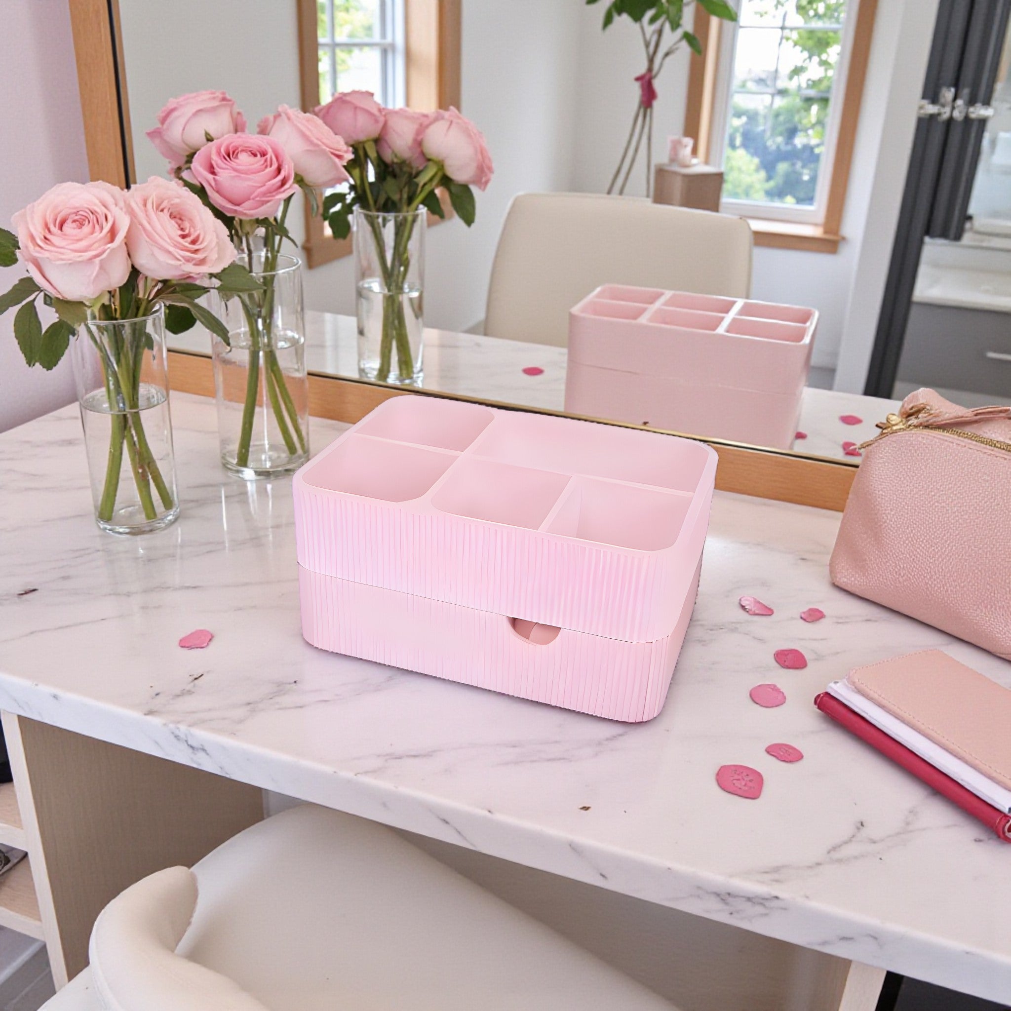 Organize your vanity with this stylish makeup organizer with drawer. Perfect for storing cosmetics, brushes, skincare and beauty accessories.