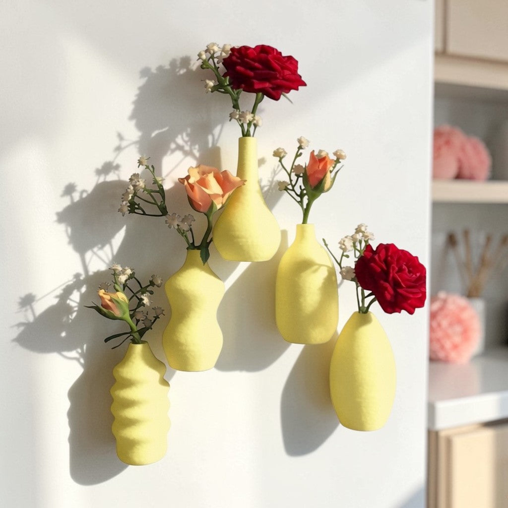 Child handing a tiny flower to their mom, with a magnetic mini vase on the fridge in the background—capturing a heartwarming everyday moment