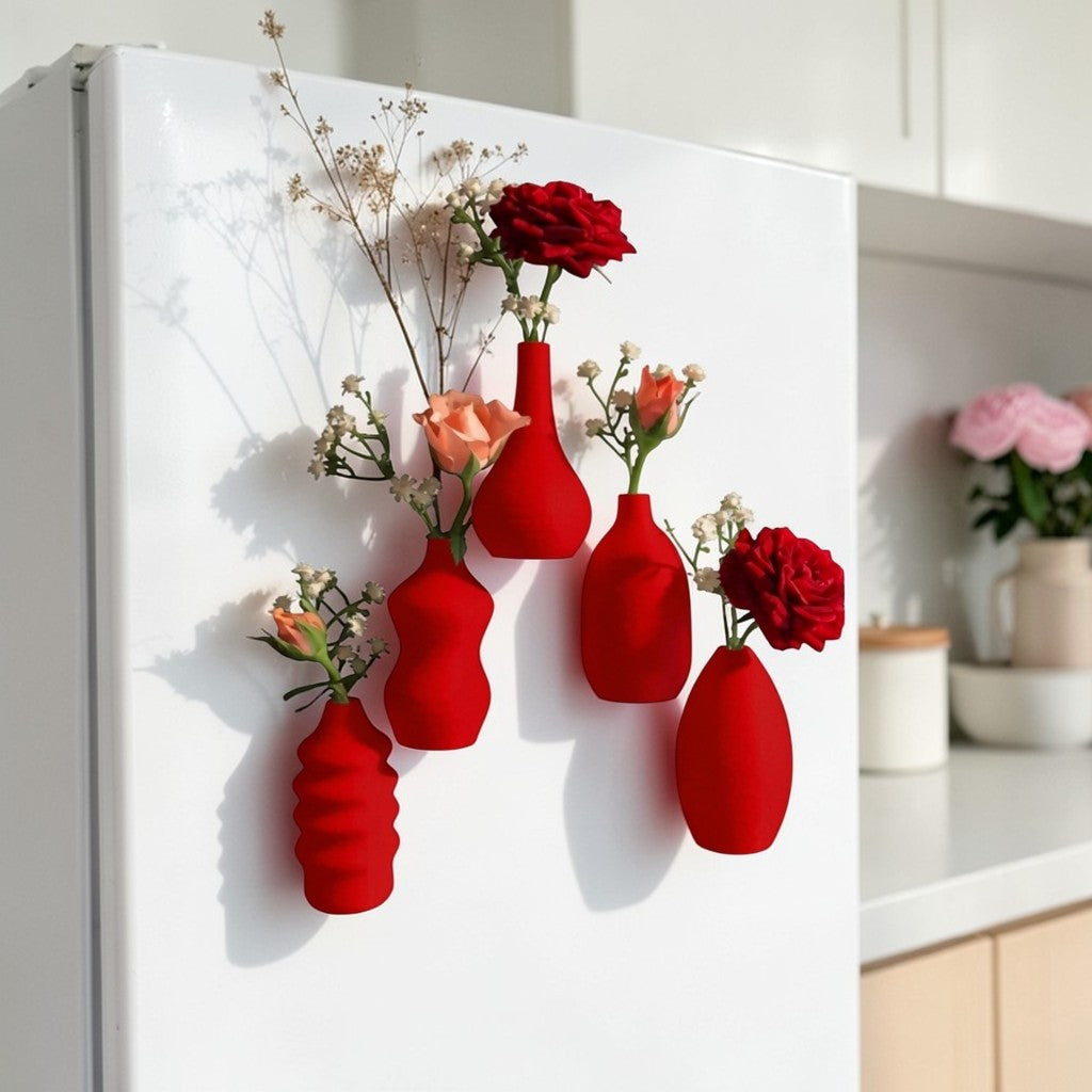 Child handing a tiny flower to their mom, with a magnetic mini vase on the fridge in the background—capturing a heartwarming everyday moment