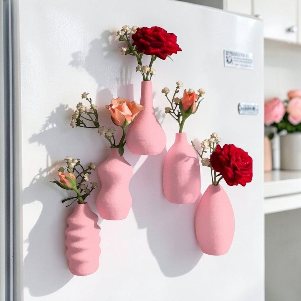 Child handing a tiny flower to their mom, with a magnetic mini vase on the fridge in the background—capturing a heartwarming everyday moment