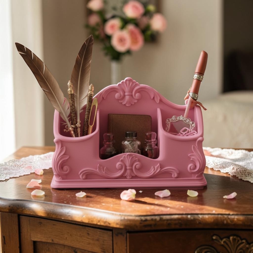 Pink Rococo Desk Organizer, Baroque Office Storage Caddy, Ornate Pen Holder, Vintage Desk Organizer, Feminine Vanity Organizer, Cute Office Decor Gift