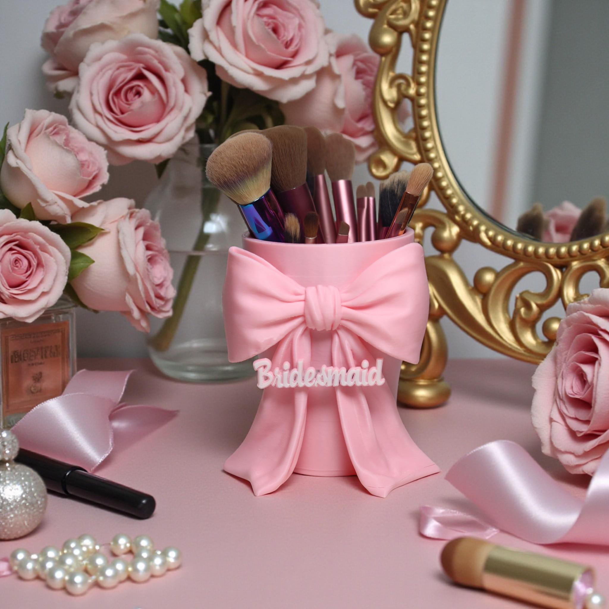 Personalised Pink Bow Makeup Brush Holder – Cute Vanity Organizer, Coquette Makeup Brush Cup, Girly Desk Organizer, Beauty Storage Gift for Her