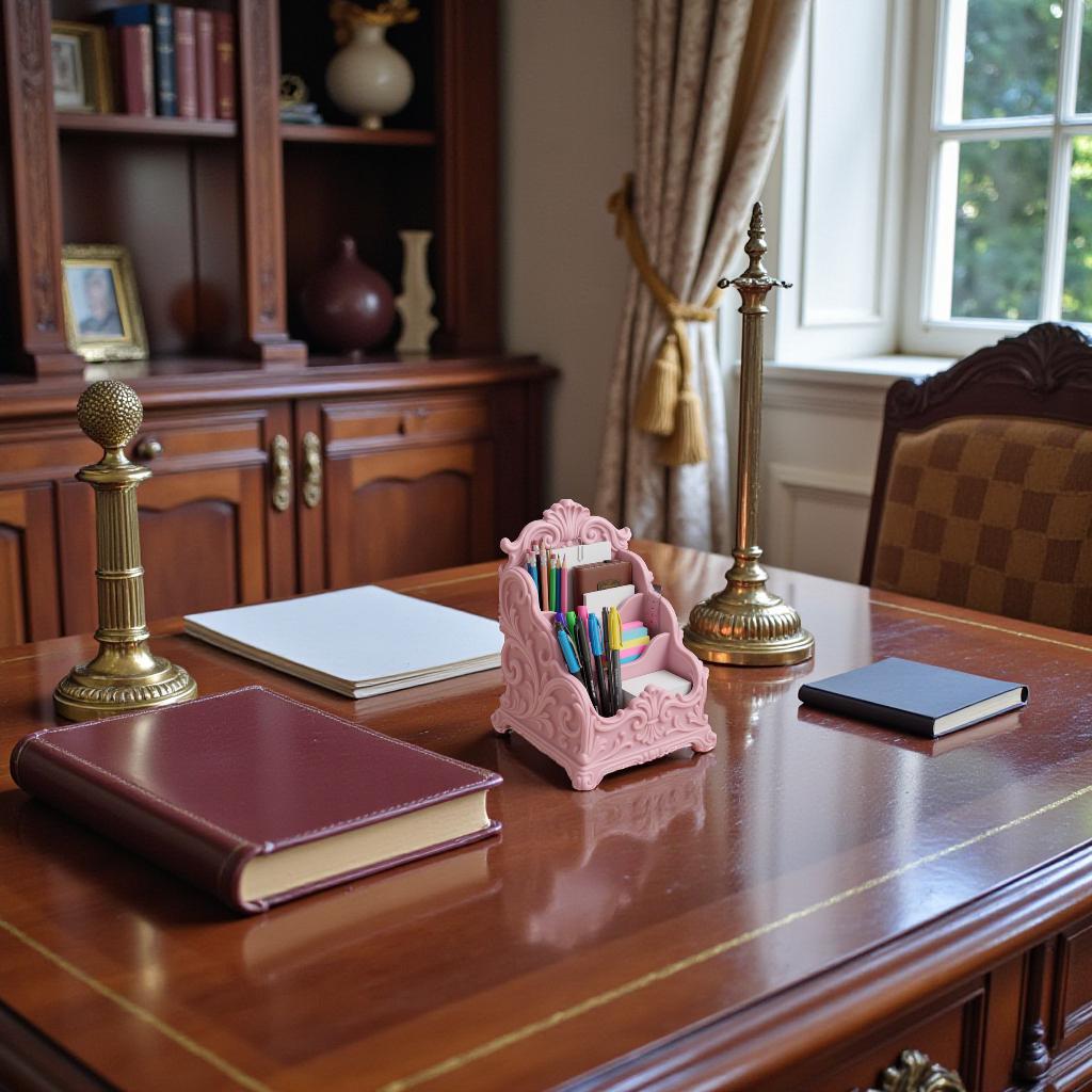 Pink baroque desk organizer with rococo detailing, used as a makeup brush holder and letter organizer on a luxury home office desk.