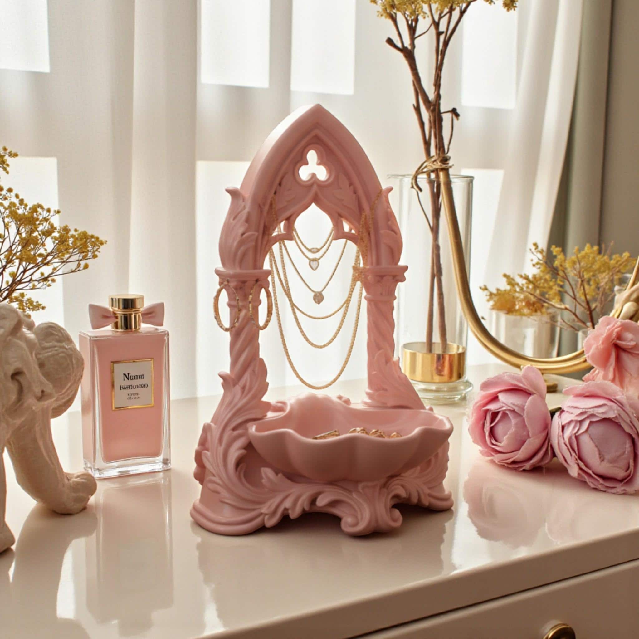 May include: A pink jewellery organiser with an arched design, displaying gold necklaces and earrings. A small dish at the base holds extra jewellery. The organiser sits on a dressing table with a mirror, perfume, and a vase of pink flowers.