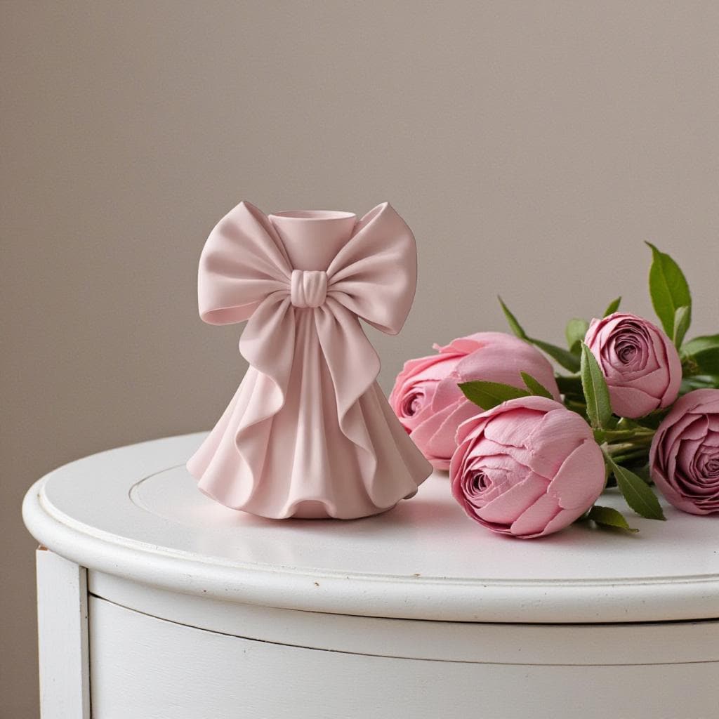 Coquette bow vase with pleated fabric-style design in soft pink on a vanity table
Romantic bow flower vase styled with roses and feminine home decor
Sculptural bow vase with matte finish for bridal and coquette interiors
Feminine decorative vase with gift-inspired silhouette and elegant bow
 Soft aesthetic flower vase designed for romantic and luxury spaces