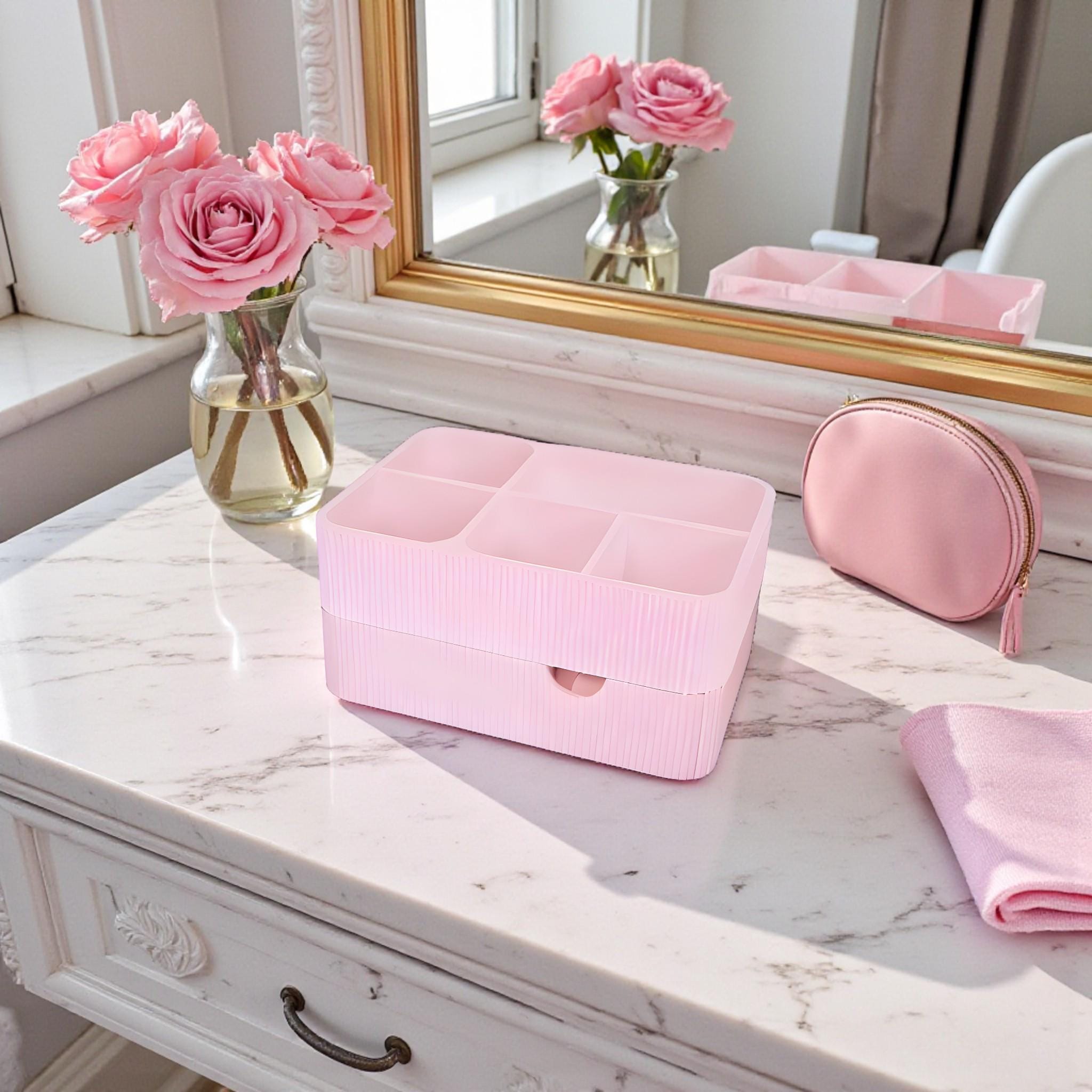 Organize your vanity with this stylish makeup organizer with drawer. Perfect for storing cosmetics, brushes, skincare and beauty accessories.