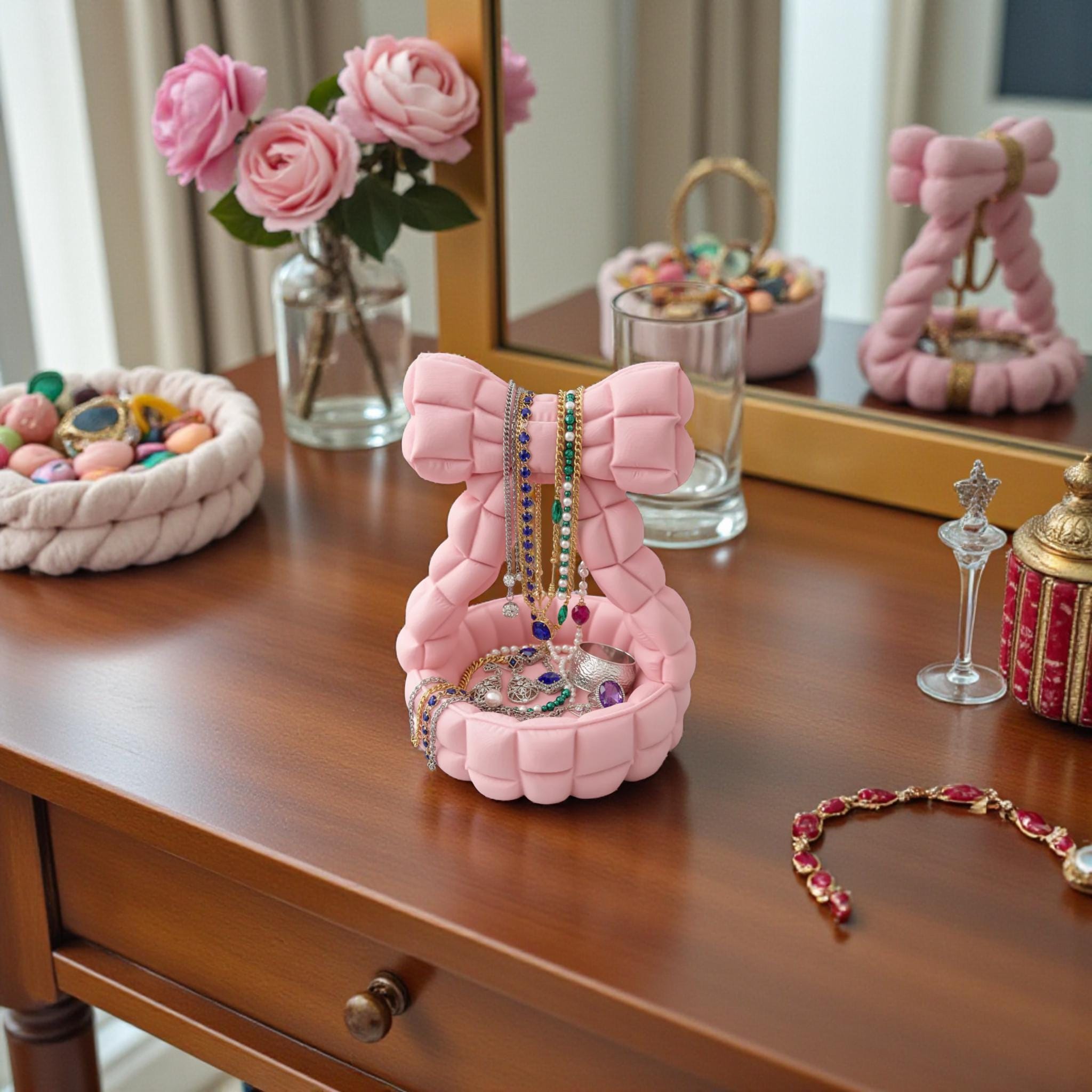 Quilted bow catchall basket used as jewelry dish on vanity, cute aesthetic decor
Pink bow jewelry holder with padded handle, decorative trinket dish for nightstand
Bow shaped quilted basket for rings and earrings, feminine desk and vanity organizer
Aesthetic bow catchall basket with quilted texture, stylish storage for small essentials