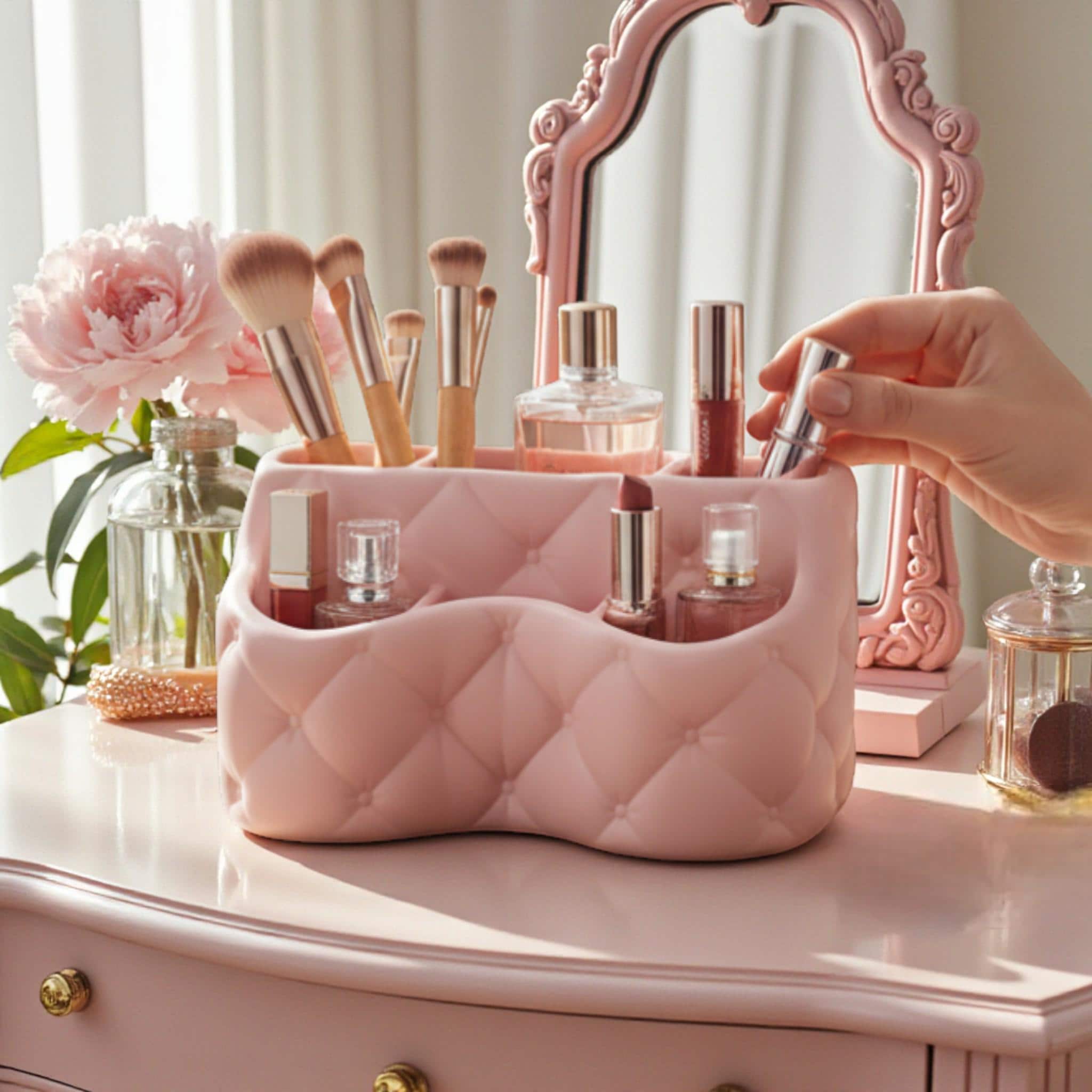 Organise your beauty space with this pink quilted vanity organizer tray, perfect for storing makeup, cosmetics, and everyday essentials.