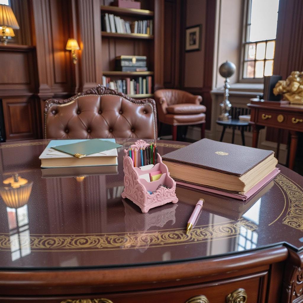 Pink baroque desk organizer with rococo detailing, used as a makeup brush holder and letter organizer on a luxury home office desk.