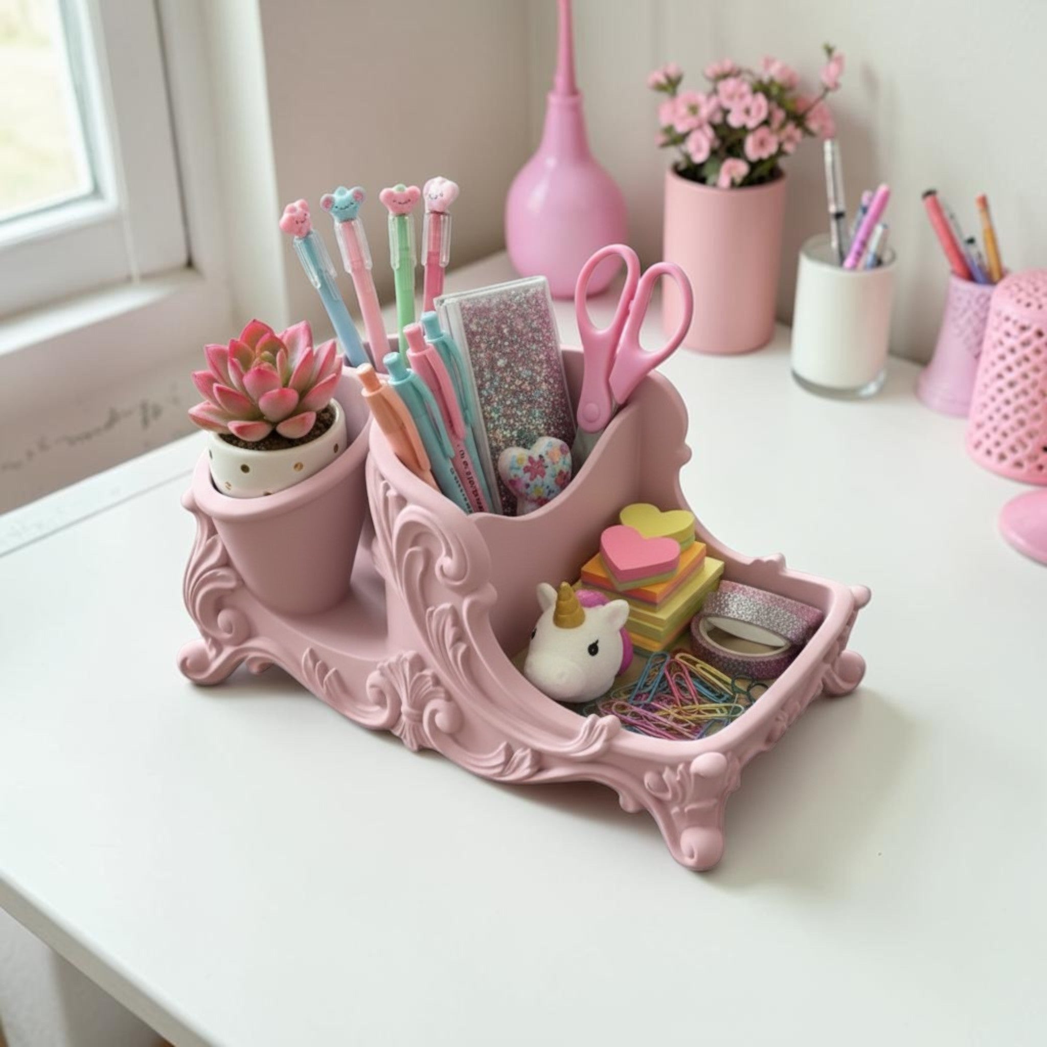 Pink Rococo Desk Organizer, Cute Vanity Organizer, Girly Desk Storage, Baroque Pen Holder, Feminine Office Decor, Aesthetic Desk Accessories Gift