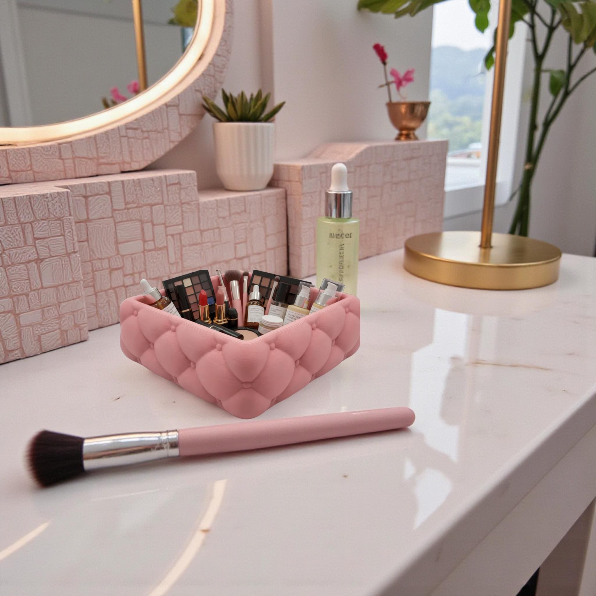 quilted makeup organizer tray on vanity table
tufted vanity tray cosmetic organizer
makeup organizer tray for vanity storage