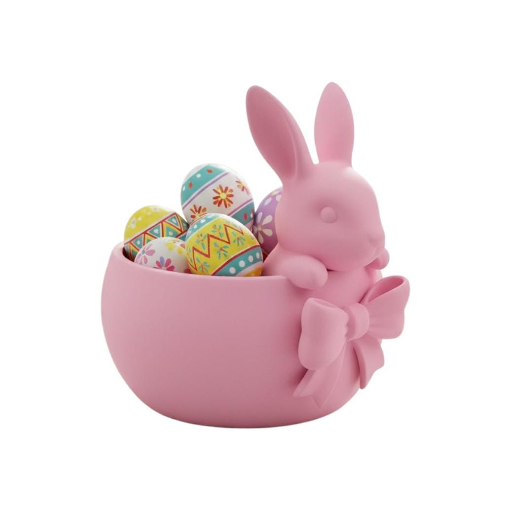 Pink Easter bowl with a bunny and bow detail, used as a cute candy dish for Easter eggs, chocolates, and spring table decor.
