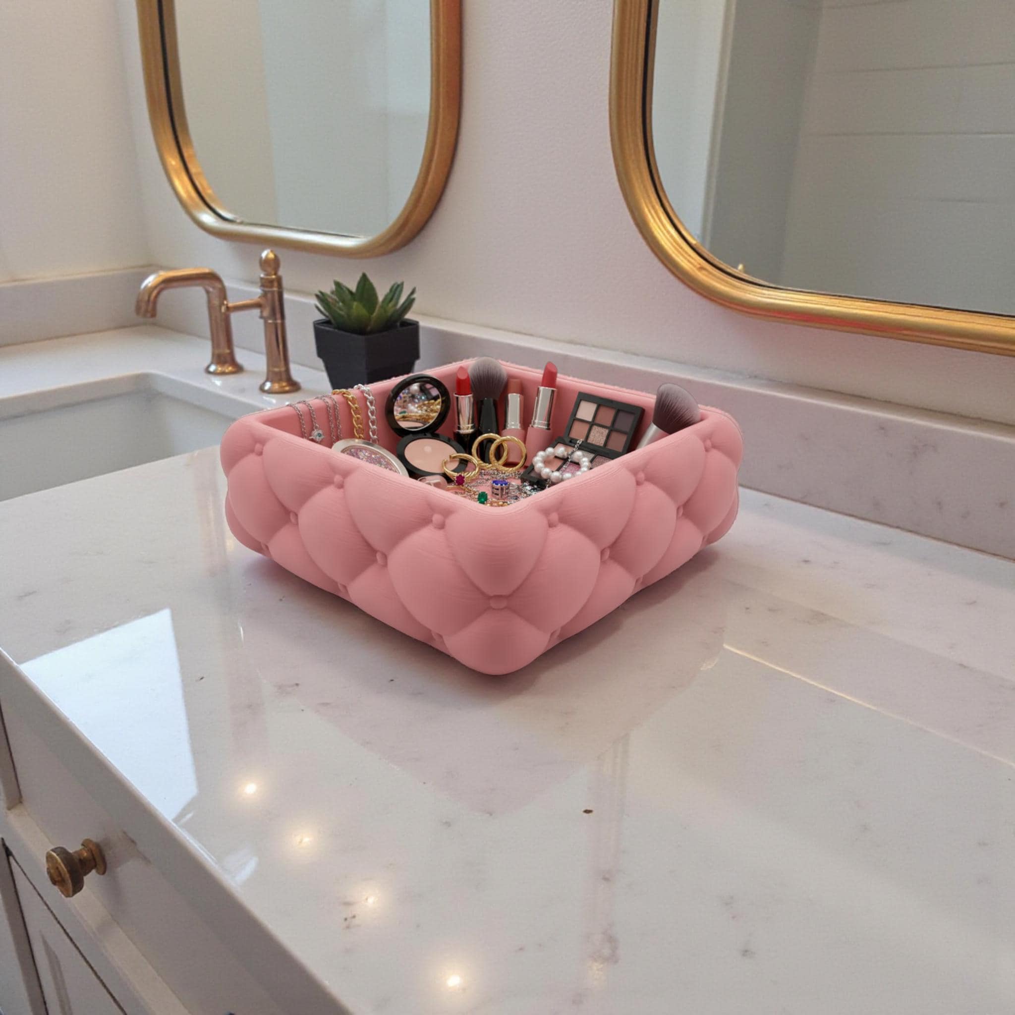 quilted makeup organizer tray on vanity table
tufted vanity tray cosmetic organizer
makeup organizer tray for vanity storage