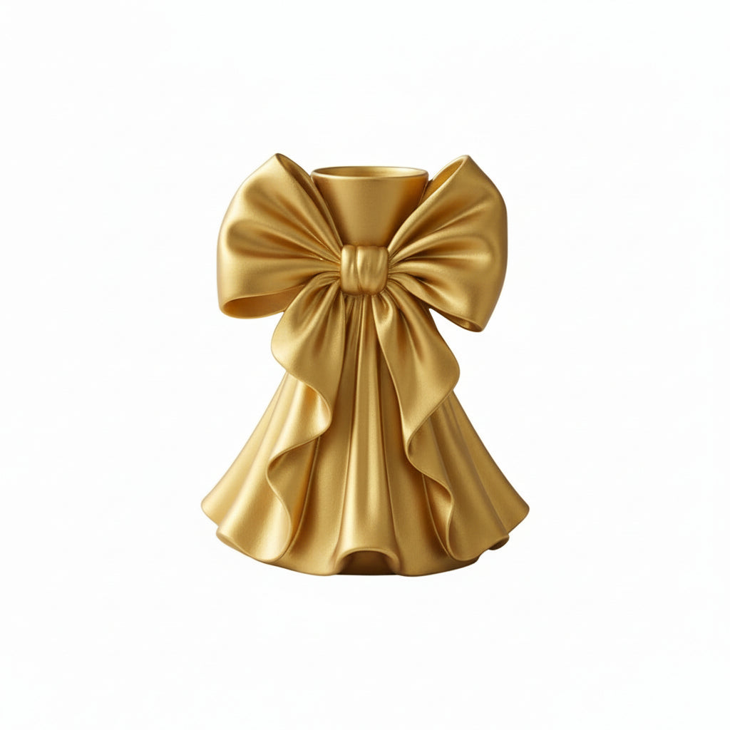 Coquette bow vase with pleated fabric-style design in soft pink on a vanity table
Romantic bow flower vase styled with roses and feminine home decor
Sculptural bow vase with matte finish for bridal and coquette interiors
Feminine decorative vase with gift-inspired silhouette and elegant bow
 Soft aesthetic flower vase designed for romantic and luxury spaces