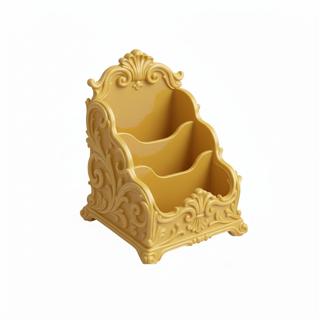 Pink baroque desk organizer with rococo detailing, used as a makeup brush holder and letter organizer on a luxury home office desk.