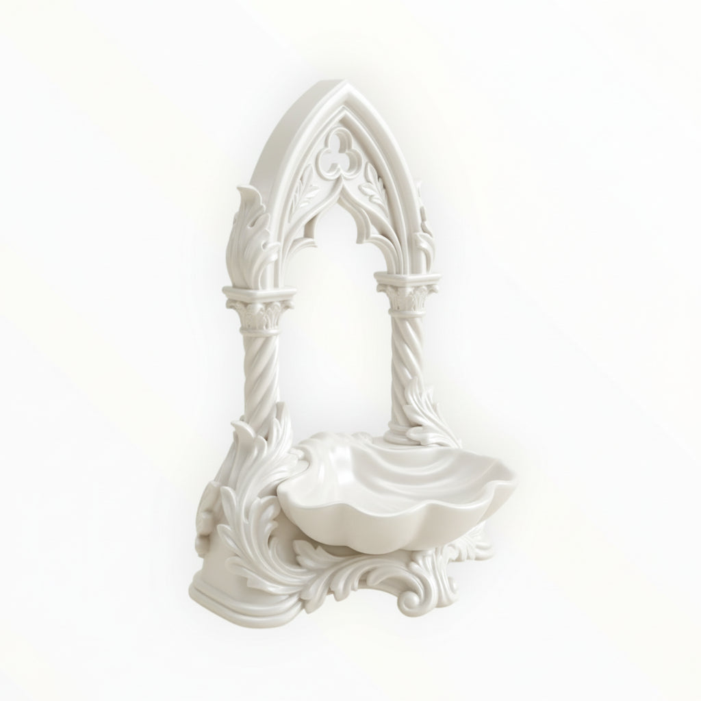 May include: A pink jewellery organiser with an arched design, displaying gold necklaces and earrings. A small dish at the base holds extra jewellery. The organiser sits on a dressing table with a mirror, perfume, and a vase of pink flowers.