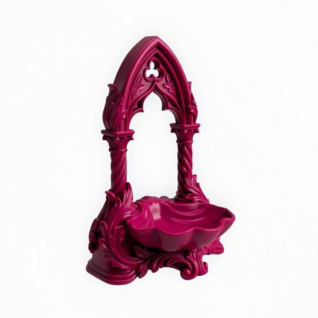 May include: A pink jewellery organiser with an arched design, displaying gold necklaces and earrings. A small dish at the base holds extra jewellery. The organiser sits on a dressing table with a mirror, perfume, and a vase of pink flowers.