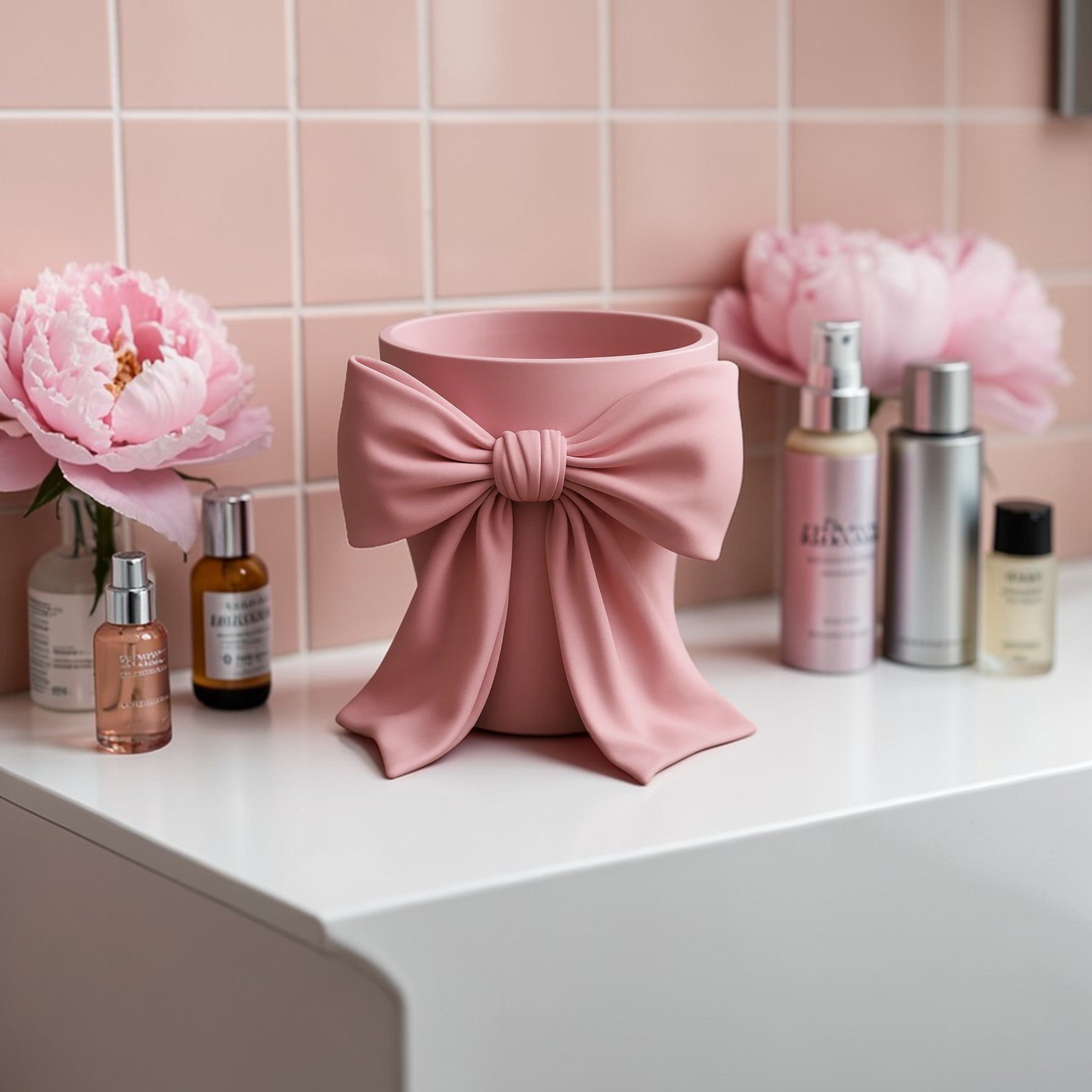 May include: A pink makeup brush holder with a bow design, holding several makeup brushes. Other pink makeup accessories are visible in the background, including a mirror and compacts. The scene is set on a white surface.