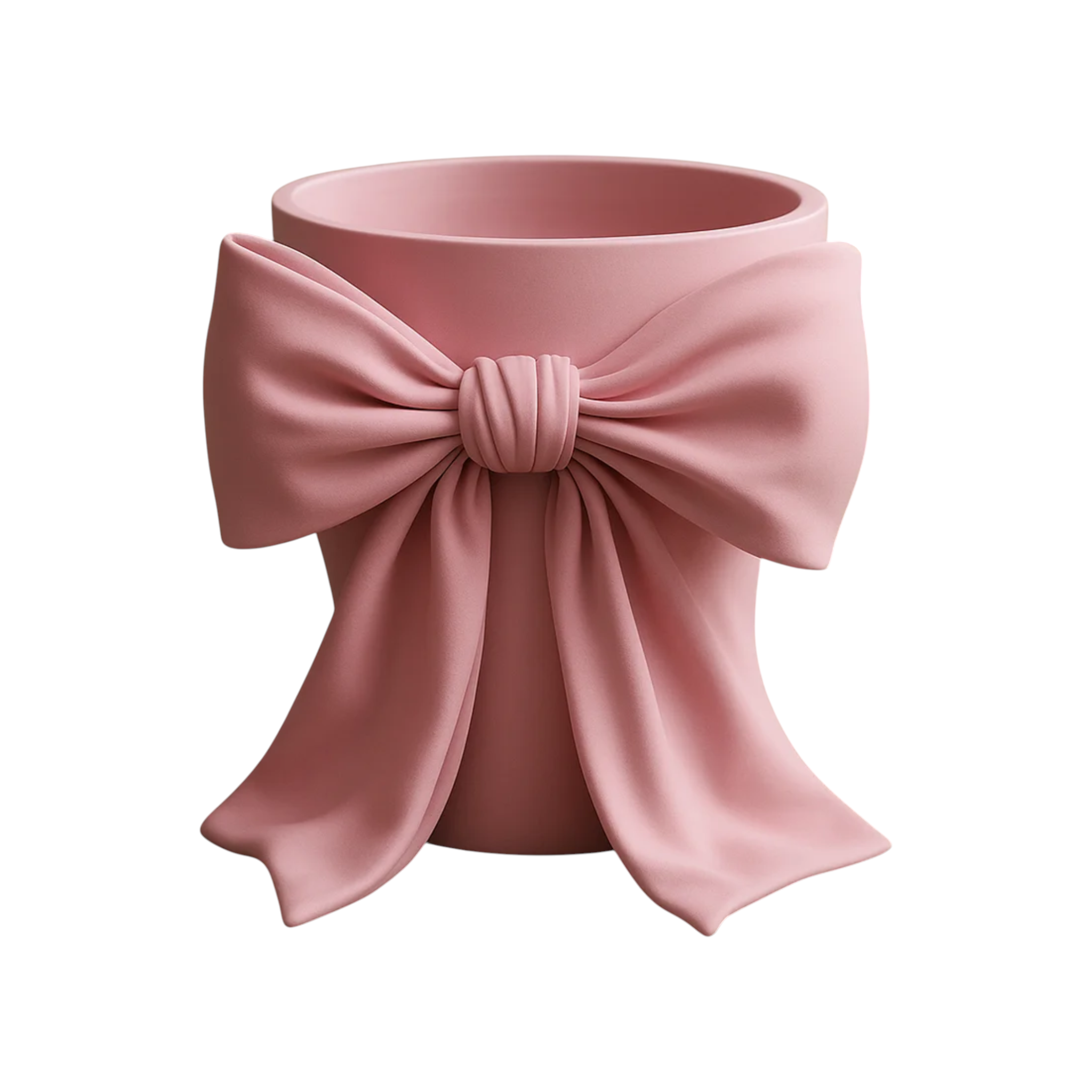 May include: A pink makeup brush holder with a bow design, holding several makeup brushes. Other pink makeup accessories are visible in the background, including a mirror and compacts. The scene is set on a white surface.