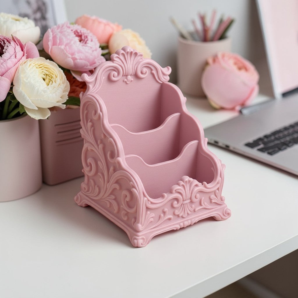 Pink baroque desk organizer with rococo detailing, used as a makeup brush holder and letter organizer on a luxury home office desk.