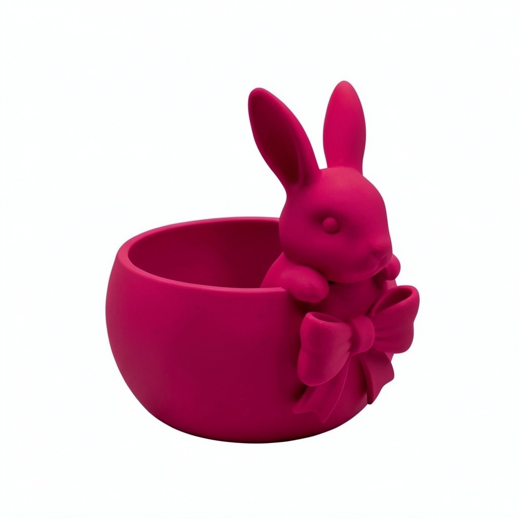 Pink Easter bowl with a bunny and bow detail, used as a cute candy dish for Easter eggs, chocolates, and spring table decor.
