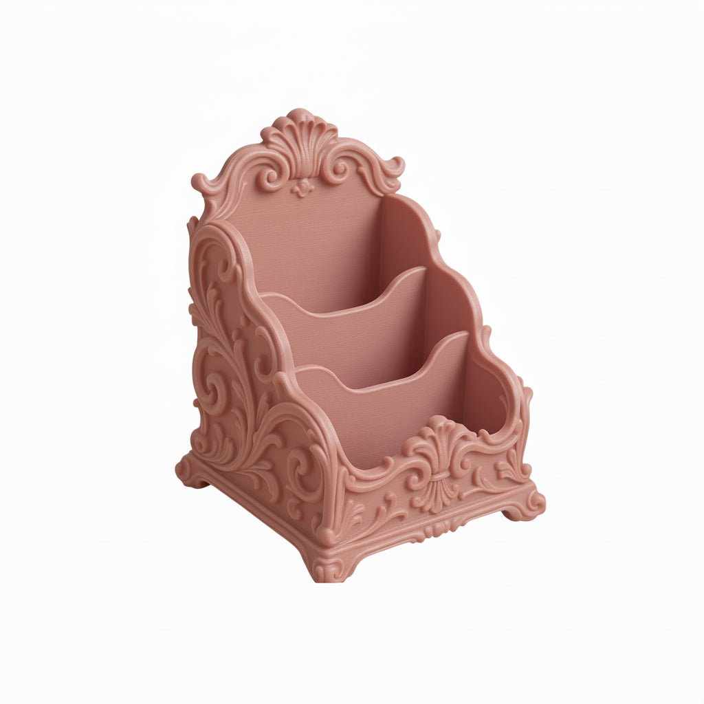 Pink baroque desk organizer with rococo detailing, used as a makeup brush holder and letter organizer on a luxury home office desk.