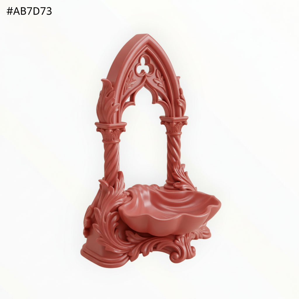 May include: A pink jewellery organiser with an arched design, displaying gold necklaces and earrings. A small dish at the base holds extra jewellery. The organiser sits on a dressing table with a mirror, perfume, and a vase of pink flowers.