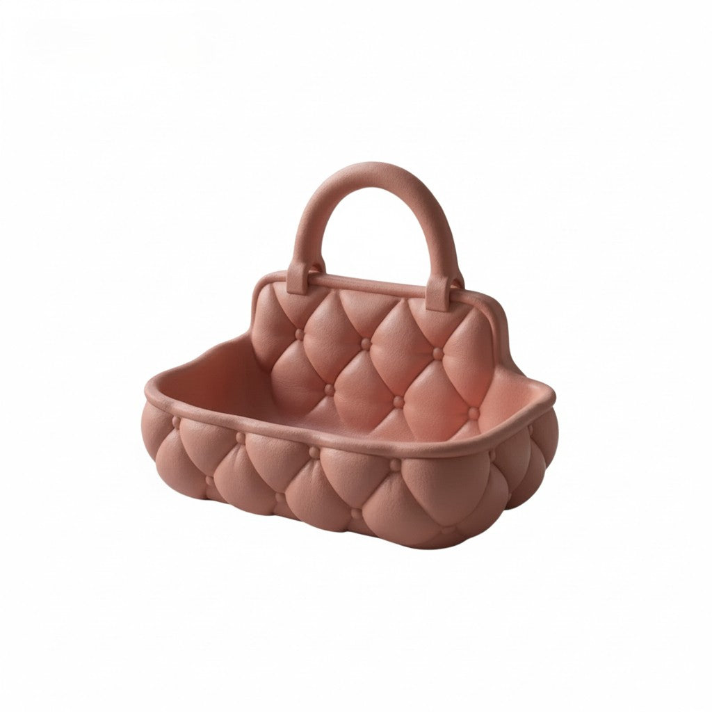 Quilted catchall basket with tufted detailing on vanity countertop, plush makeup and skincare organizer
Soft padded vanity basket with handle holding makeup brushes and skincare bottles
Decorative quilted organizer basket for bathroom or dresser storage
Aesthetic vanity catchall basket used for jewelry, makeup, and daily essentials