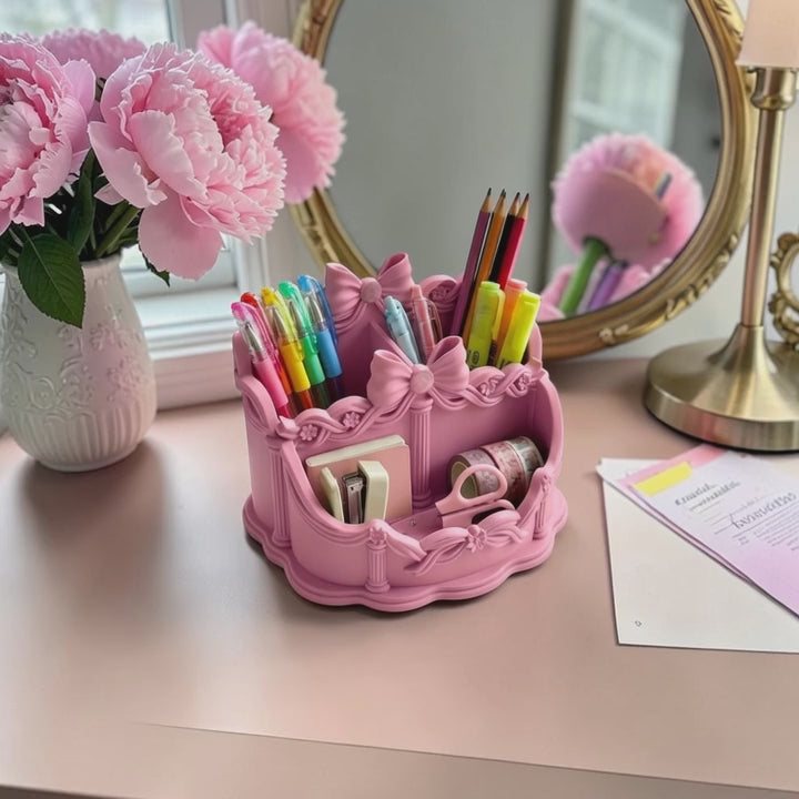 Pink Bow Desk Organizer, Coquette Vanity Organizer, Makeup Brush Holder, Rococo Desk Accessories, Feminine Office Decor, Cute Pen Holder, Pink Makeup Storage