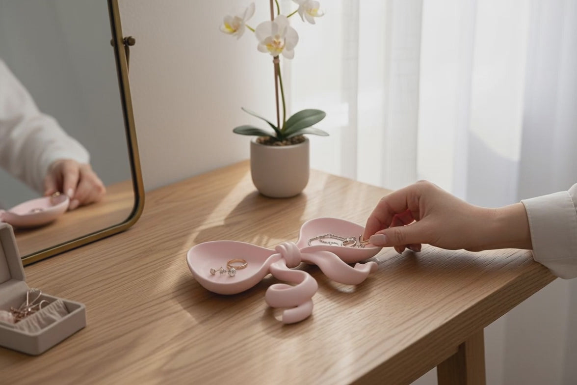 Organise your favourite accessories with this pink bow jewelry tray, a cute coquette trinket dish perfect for rings, earrings, and small jewellery.