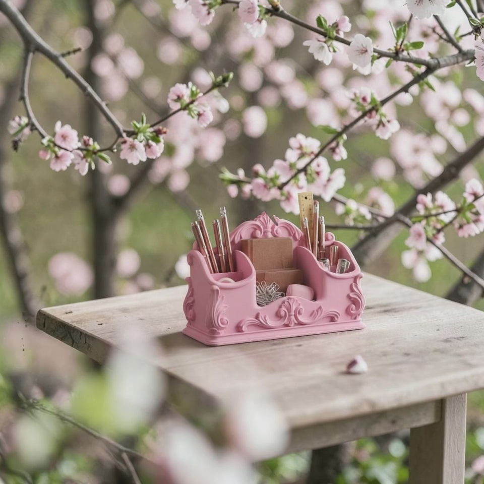 Pink Rococo Desk Organizer, Baroque Office Storage Caddy, Ornate Pen Holder, Vintage Desk Organizer, Feminine Vanity Organizer, Cute Office Decor Gift