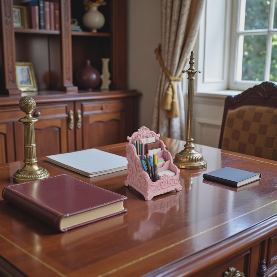 Pink baroque desk organizer with rococo detailing, used as a makeup brush holder and letter organizer on a luxury home office desk.