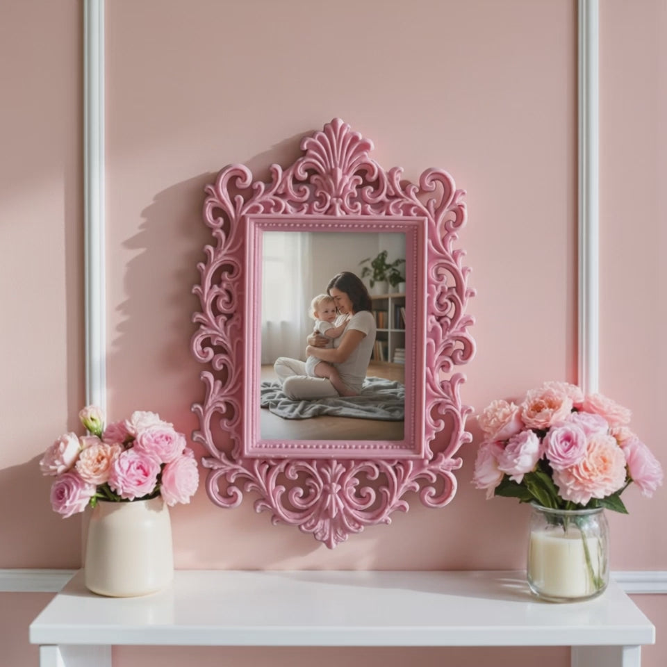 May include: A decorative pink picture frame with an elaborate, swirling design. The frame contains a photograph of a woman and child in a park. The frame is on a white shelf, with pink flowers and a candle.